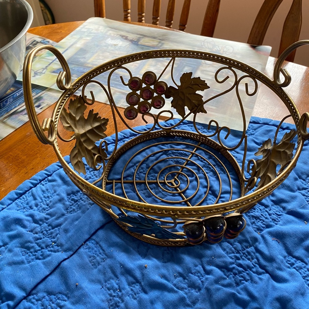 Fruit basket, metal (brass?) and glass.